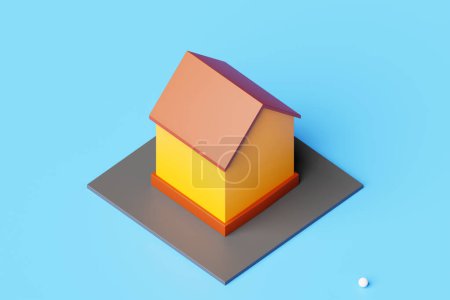 Téléchargez les photos : Modèle 3D d'une maison de campagne, isolée sur un patrimoine bleu rénové. Jolie maison de campagne. Illustration 3D minimale de l'immobilier. - en image libre de droit