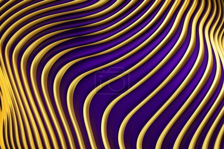 Foto de Rayas geométricas similares a las ondas. Abstracto púrpura y amarillo brillante patrón de líneas de cruce, enfoque suave - Imagen libre de derechos