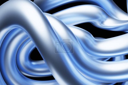 Téléchargez les photos : Forme abstraite de gouttelettes dynamiques avec des objets lisses bleus sur fond noir. Illustration et rendu 3D. Élégant fond de ligne. - en image libre de droit
