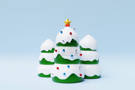 Téléchargez les photos : Illustration 3D dessin animé arbre de Noël. Maquette pour carte de vœux avec texte, affiche de vacances ou invitations de vacances. Attributs de Noël et du Nouvel An. - en image libre de droit