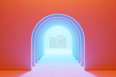 Photo for 3d illustration of a    round arch at the back on a  orange   background. A close-up of a round monocrome pedestal. - Royalty Free Image