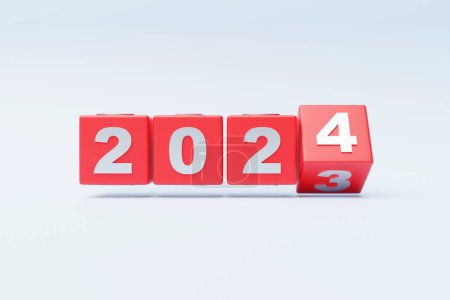 Foto de 2024 tarjeta de año nuevo con el número de año realista 3d sobre fondo blanco. Ilustración 3D. Figuras volumétricas 2024 en ángulo, espacio para texto para saludos de Año Nuevo, banner corporativo de Año Nuevo - Imagen libre de derechos