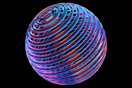 Téléchargez les photos : Illustration 3D d'une sphère colorée avec de nombreux visages et trous sur fond noir. Cyber sphère de balle - en image libre de droit