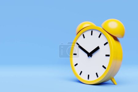 Foto de 3d Ilustración de un reloj despertador amarillo campanas dobles en un fondo azul. Imagen conceptual de un reloj despertador, renderizado 3d - Imagen libre de derechos