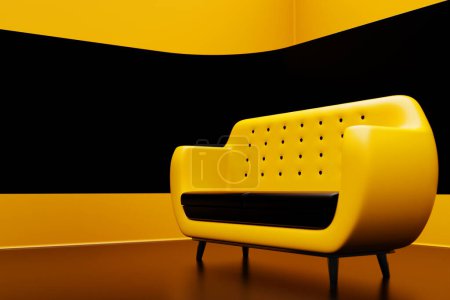 Téléchargez les photos : Illustration 3D d'un canapé jaune dans un style minimaliste sur fond jaune et noir - en image libre de droit