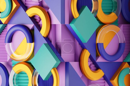 Photo for Geometric composition with different shapes. Dynamic set of realistic tori, rings, tubes. Modern background for product design show in multicolored color. 3d render illustration. - Royalty Free Image