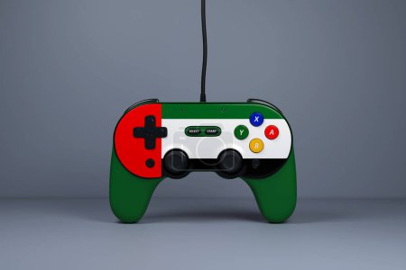Photo for 3D illustration, joystick gamepad, game console or game controller with the colors of the national flag of the UAE. Computer games. Cartoon minimalistic style. - Royalty Free Image