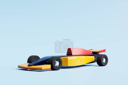 Foto de 3d ilustración de un coche de juguete de carreras de colores en el fondo aislado azul. - Imagen libre de derechos