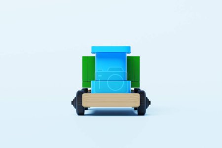 Téléchargez les photos : Illustration 3D d'un jouet d'enfant d'un camion multicolore sur fond blanc isolé. Jouet écologique pour parents et enfants - en image libre de droit