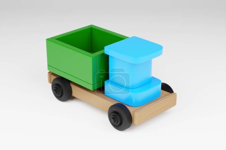Téléchargez les photos : Illustration 3D d'un jouet d'enfant d'un camion multicolore sur fond blanc isolé. Jouet écologique pour parents et enfants - en image libre de droit