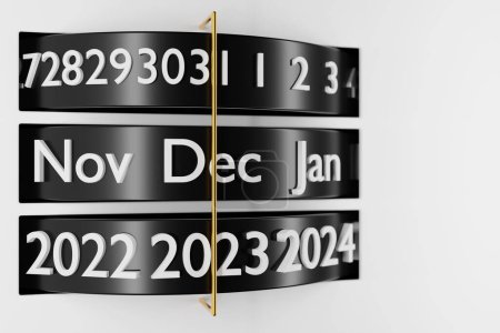 Téléchargez les photos : Illustration 3D calendrier à rayures noires avec 12 mois, 31 jours et 2023,2024 ans sur fond blanc. Mois calendrier moderne . - en image libre de droit
