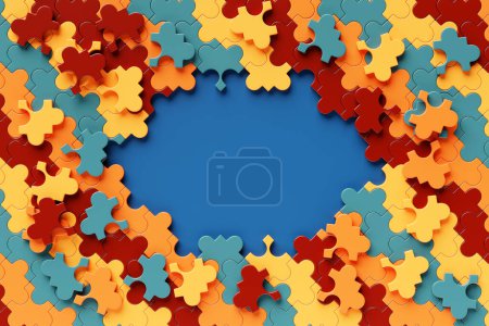 Téléchargez les photos : Placez le texte autour d'un cadre de puzzles multicolores volumineux. Concept d'entreprise, modèle, mise en page, infographie. - en image libre de droit