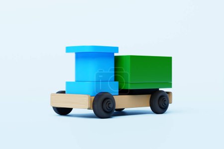 Foto de 3d ilustración de juguete infantil de un camión multicolor sobre un fondo blanco aislado. Juguete ecológico para padres e hijos - Imagen libre de derechos