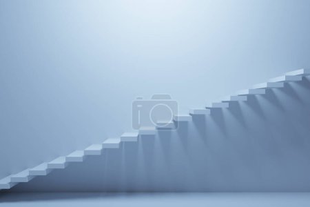 Foto de Ilustración 3D escalera ascendente azul sube en una habitación vacía. Crecimiento del negocio, progreso y logro concepto creativo - Imagen libre de derechos