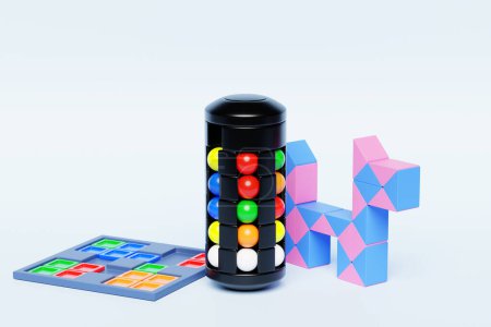 Foto de 3d ilustración de un cilindro negro con bolas de colores, un rompecabezas cuadrado y un largo rompecabezas de partes geométricas. Juguetes lógicos de entrenamiento cerebral, laberinto - Imagen libre de derechos