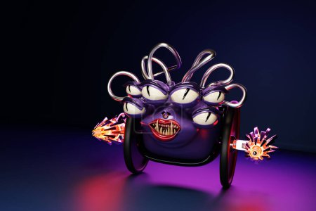 Foto de Un monstruo espeluznante con un gran número de ojos y colmillos sobre un fondo púrpura. Renderizado 3D - Imagen libre de derechos