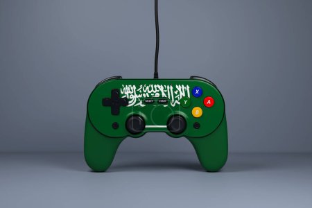 Photo for 3D illustration, joystick gamepad, game console or game controller with the colors of the national flag of Saudi Arabia. Computer games. Cartoon minimalistic style. - Royalty Free Image