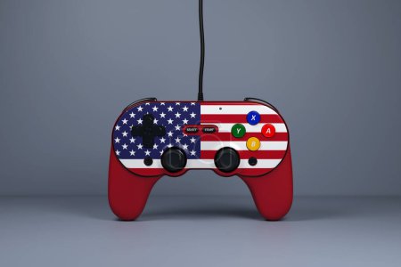 Photo for 3D illustration, joystick gamepad, game console or game controller with the colors of the national flag of USA. Computer games. Cartoon minimalistic style. - Royalty Free Image