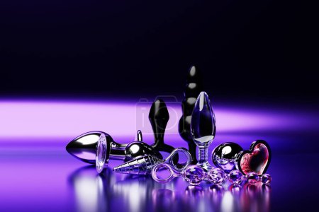 Téléchargez les photos : Colorful  butt anal plugs sex toys on  purple  isolated background. 3D illustration. Empty space for your text - en image libre de droit
