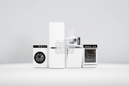 Téléchargez les photos : Des appareils. Ensemble d'appareils ménagers de cuisine isolés sur gris. Réfrigérateur, cuisinière électrique, lave-vaisselle et lave-linge. Illustration 3d - en image libre de droit