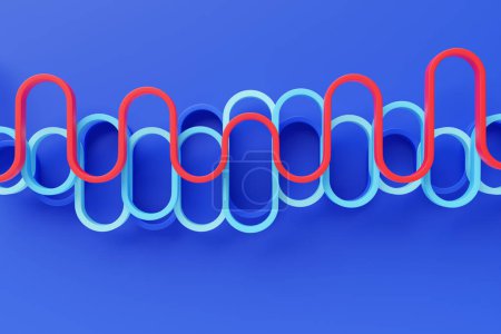 Téléchargez les photos : Illustration 3D d'une vague abstraite colorée sur fond bleu. Reconnaissance vocale, égaliseur, enregistreur audio. Bouton micro avec onde sonore. Symbole de la technologie intelligente - en image libre de droit