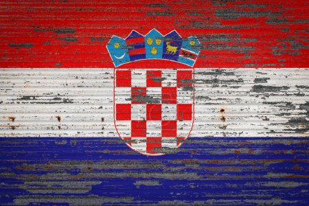 Photo for Close-up of old metal wall with national flag of Croatia. Concept of  Croatia  export-import, storage of goods and national delivery of goods. Flag in grunge style - Royalty Free Image