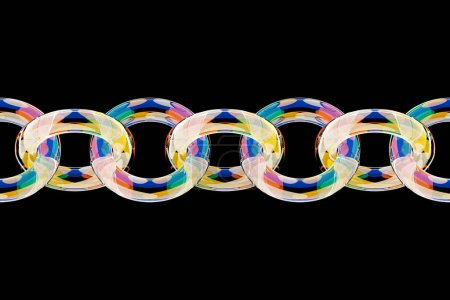 Téléchargez les photos : Illustration 3D de rangées de chaînes colorées. Ensemble de chaînes sur fond noir. Modèle géométrique. Technologie géométrie arrière-plan - en image libre de droit