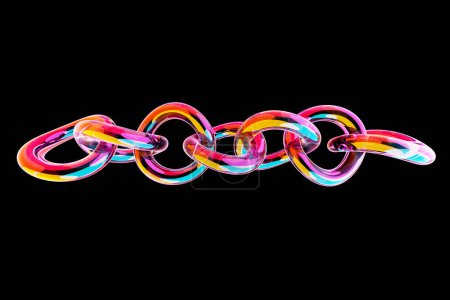 Foto de 3d ilustración de coloridas cadenas transparentes. Conjunto de cadenas sobre fondo negro. - Imagen libre de derechos