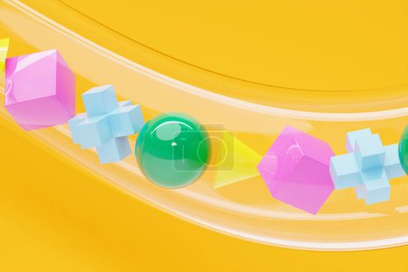 Foto de Objetos gráficos multicolores y marcos de formas geométricas vuelan a través de un túnel transparente. Carteles digitales minimalistas, arte contemporáneo, ilustración 3D - Imagen libre de derechos