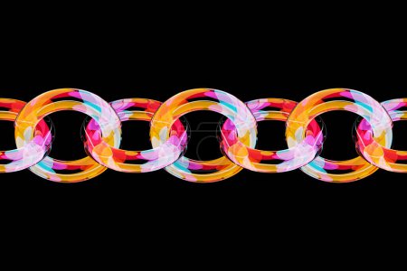 Téléchargez les photos : Illustration 3D de chaînes colorées. Ensemble de chaînes sur fond noir. Modèle géométrique. Technologie géométrie arrière-plan - en image libre de droit