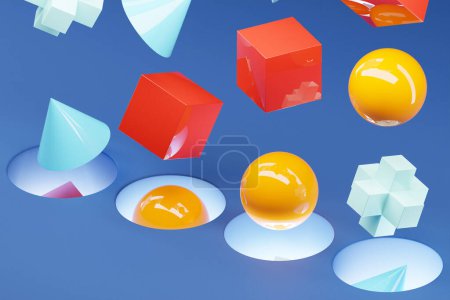 Téléchargez les photos : Illustration 3D de formes géométriques volumétriques multicolores tombant dans un portail sur un fond bleu - en image libre de droit