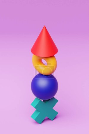 Foto de 3d ilustración de una pirámide de figuras volumétricas geométricas multicolores sobre un fondo rosa - Imagen libre de derechos