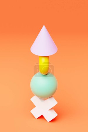 Téléchargez les photos : Illustration 3D d'une pyramide de figures volumétriques géométriques multicolores sur fond orange - en image libre de droit
