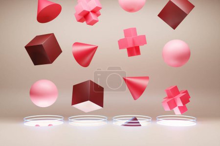 Téléchargez les photos : Illustration 3D de figures volumétriques colorées volant dans des portails sur un fond rose. Formes fantastiques. Formes géométriques simples. - en image libre de droit