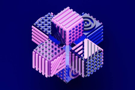 Foto de Ilustración 3D Forma abstracta con diferentes patrones geométricos a cada lado sobre un fondo azul, ilustración 3D. - Imagen libre de derechos