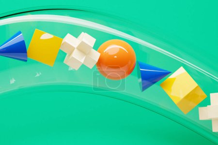 Photo for Multi-colored graphic objects and frames of geometric shapes fly through a transparent tunnel. Minimalistic digital posters, contemporary art, 3D illustration - Royalty Free Image