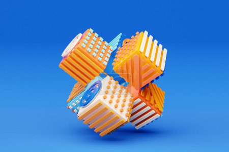 Photo for 3D illustration Abstract shape with different geometric patterns on each side on a   blue  background, 3D illustration. - Royalty Free Image