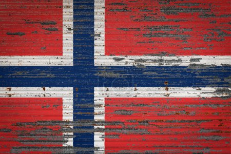Photo for Close-up of old metal wall with national flag of Norway . Concept of Norway  export-import, storage of goods and national delivery of goods. Flag in grunge style - Royalty Free Image