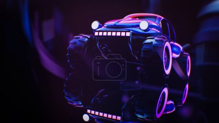 Voiture futuriste dans un style rétro sur fond néon. Une puissante voiture de dessin animé avec des lumières colorées et des pistes. Illustration 3d