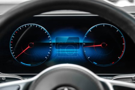 Photo for Close-up shot of a car's digital speedometer.Modern light car mileage (dashboard, milage). New display of a modern car. - Royalty Free Image