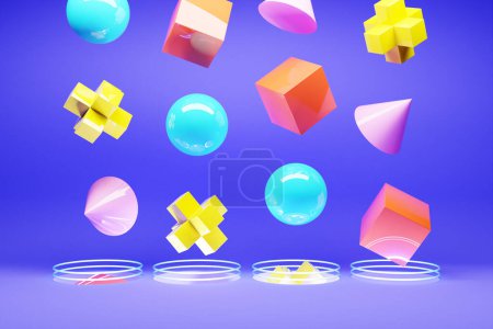 Téléchargez les photos : Illustration 3D Formes abstraites multicolores : cube, tore, sphère, polygone tombant dans un portail sur un fond violet, illustration 3D. - en image libre de droit