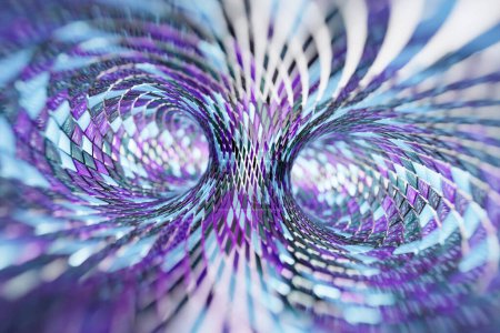 3D-Illustration eines Portals aus einem Kreis, Gehweg. Nahaufnahme eines blauen und lila Tunnels.