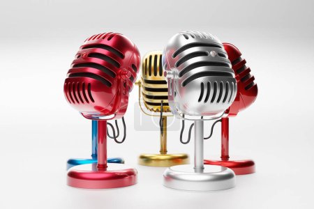 Photo for Colorful  metal retro microphones on a   white   background, close-up view. Live show, music recording, 3d illustration - Royalty Free Image