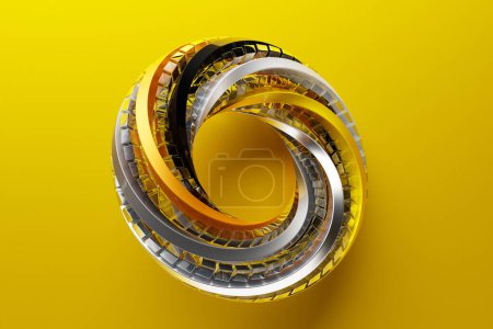 Photo for Futuristic neon colorful torus donut. 3D rendering,  torus geometry shape in   yellow background - Royalty Free Image