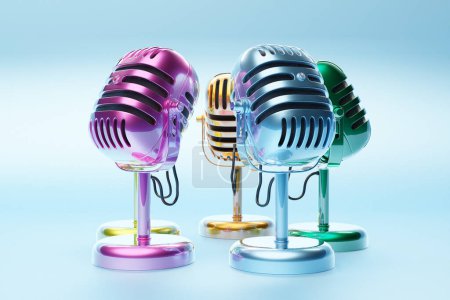 Téléchargez les photos : Microphone rétro multicolore isolé sur fond bleu. style minimal. rendu 3D - en image libre de droit