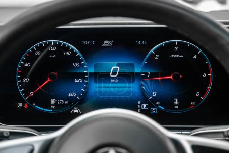 Photo for Novosibirsk, Russia - February  13 , 2024:   Mercedes-Benz GLS-Class, dashboard of the car is illuminated by bright illumination. Speedometer, circle tachometer, oil and fuel level - Royalty Free Image