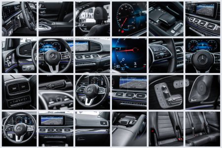 Photo for Novosibirsk, Russia - February  13 , 2024:   Mercedes-Benz GLS-Class, Collage of car interior details. Interior view of car with black salon. - Royalty Free Image