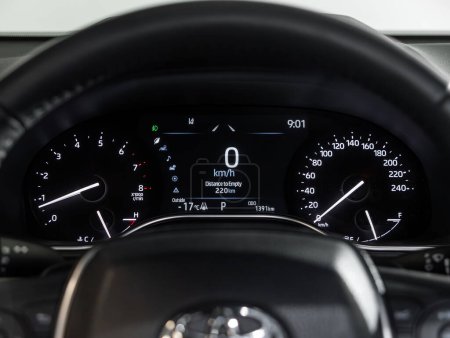 Photo for Novosibirsk, Russia - February  20 , 2024:  Toyota Avalon ,  close up of the speedometer with rpm and km meter - Royalty Free Image