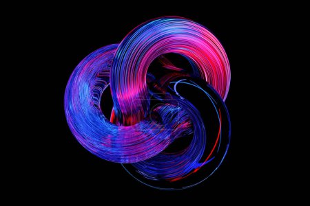 Foto de Ilustración 3D, ilusión de neón en forma de flor, formas abstractas isométricas, formas coloridas entrelazadas - Imagen libre de derechos