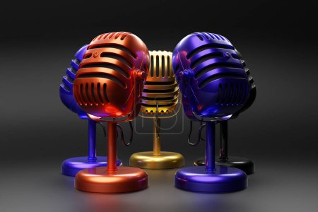 Photo for Colorful  metal retro microphones on a  black   background, close-up view. Live show, music recording, 3d illustration - Royalty Free Image